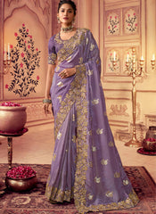 Vibrant Purple Heavy Embroidered Viscose Silk Saree