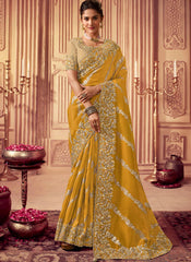 Enchanting Yellow Heavy Embroidered Viscose Silk Saree