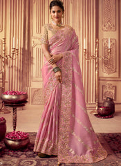 Pink Heavy Embroidered Viscose Silk Saree