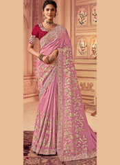 Charming Pink and Rani Heavy Embroidered Viscose Silk Saree
