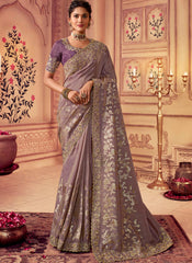 Attractive Purple Heavy Embroidered Viscose Silk Saree
