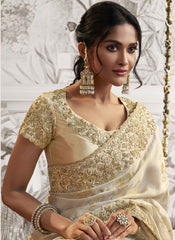 Off-White Embroidered Silk Party Wear Saree