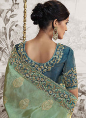 Shaded Blue and Green Embroidered Silk Party Wear Saree
