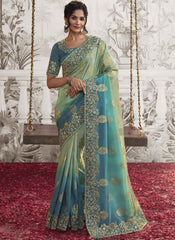 Shaded Blue and Green Embroidered Silk Party Wear Saree