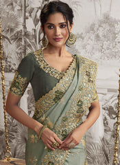 Greyish Green Embroidered Silk Party Wear Saree