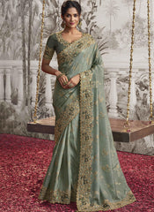 Greyish Green Embroidered Silk Party Wear Saree