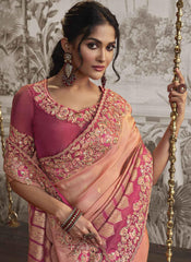 Shanded Pink and Rani Embroidered Silk Party Wear Saree