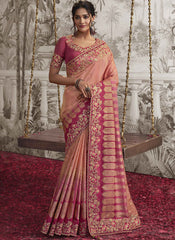Shanded Pink and Rani Embroidered Silk Party Wear Saree