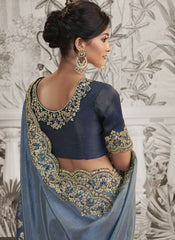 Shaded Greyish Blue and Blue Embroidered Silk Party Wear Saree