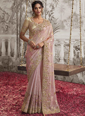 Light Purple and Cream Embroidered Silk Party Wear Saree