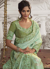 Shaded Green Embroidered Silk Party Wear Saree