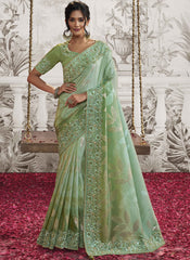 Shaded Green Embroidered Silk Party Wear Saree
