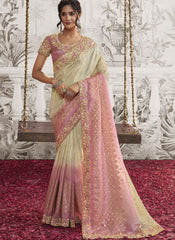 Pink and Cream Embroidered Silk Party Wear Saree