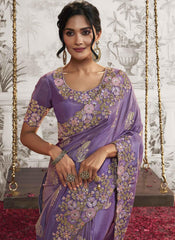 Purple Embroidered Silk Party Wear Saree