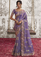 Purple Embroidered Silk Party Wear Saree