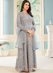 Greyish Blue Embroidered Net Anarkali Suit