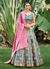 Sea Green and PinkTraditional Silk Lehenga Choli Set