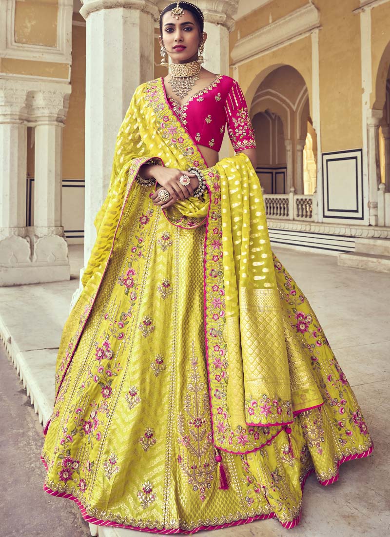 Yellow and Rani Designer Silk Lehenga Choli - nirshaa