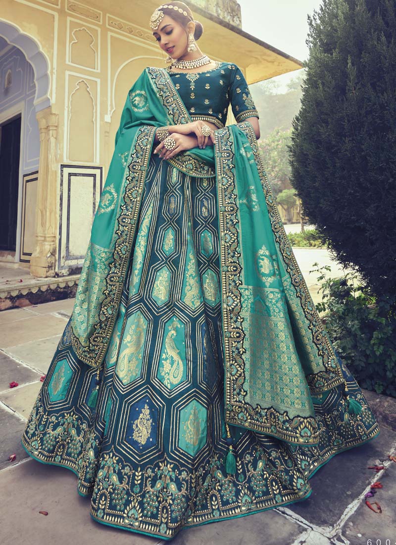 Navy Blue and Rama Green Designer Silk Lehenga Choli - nirshaa