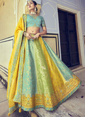 Blue , Green and Yellow Designer Silk Lehenga Choli - nirshaa