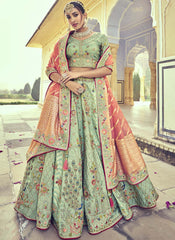 Pista Green and Peach Designer Silk Lehenga Choli - nirshaa