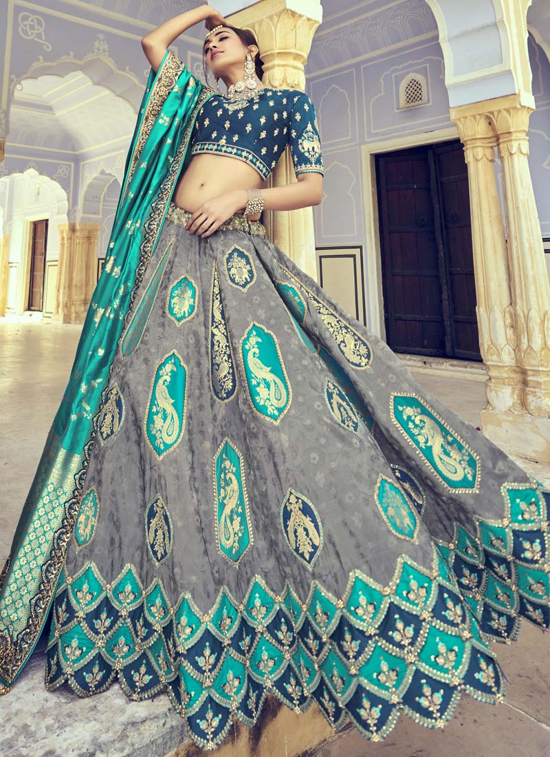 Dark Grey and Navy Blue Designer Silk Lehenga Choli - nirshaa