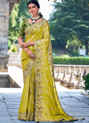 Woven Golden Yellow and Green Multi Embroidery Silk Saree