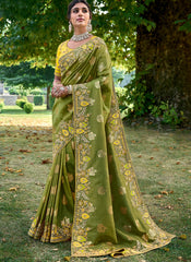 Woven Olive Green and Yellow Multi Embroidery Silk Saree