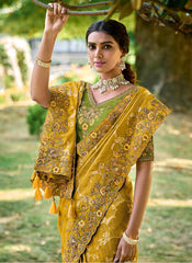 Woven Mustard Yellow and Green Multi Embroidery Silk Saree
