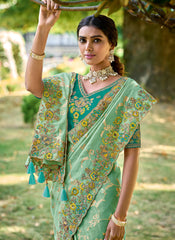 Woven Pista Green Multi Embroidery Silk Saree