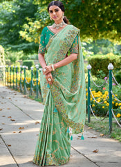 Woven Pista Green Multi Embroidery Silk Saree
