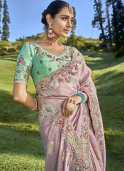 Designer Light Purple and Sea Green Heavy Silk Saree