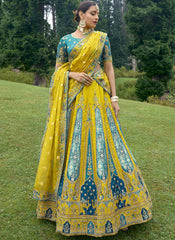 Blue and Lemon Yellow Embroidered Silk Lehenga Choli