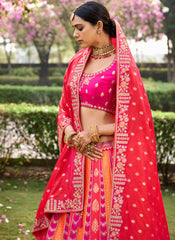 Rani, Orange and Red Woven with Embroidery Silk Bridal Lehenga Choli