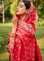 Rani, Orange and Red Woven with Embroidery Silk Bridal Lehenga Choli