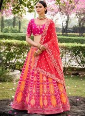 Rani, Orange and Red Woven with Embroidery Silk Bridal Lehenga Choli