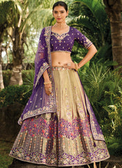 Grey and Violet Woven with Embroidery Silk Bridal Lehenga Choli