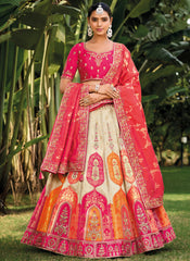 Cream and Pink Woven with Embroidery Silk Bridal Lehenga Choli