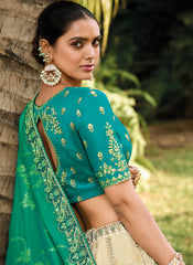 Cream, Blue and Green Woven with Embroidery Silk Bridal Lehenga Choli