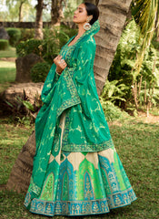 Cream, Blue and Green Woven with Embroidery Silk Bridal Lehenga Choli