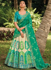 Cream, Blue and Green Woven with Embroidery Silk Bridal Lehenga Choli