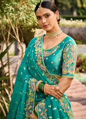 Cream, Blue and Green Woven with Embroidery Silk Bridal Lehenga Choli