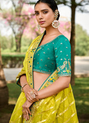 Yellow and Blue Woven with Embroidery Silk Bridal Lehenga Choli