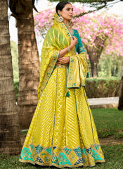 Yellow and Blue Woven with Embroidery Silk Bridal Lehenga Choli