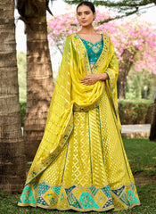 Yellow and Blue Woven with Embroidery Silk Bridal Lehenga Choli