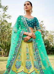 Green and Blue Woven with Embroidery Silk Bridal Lehenga Choli