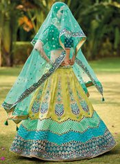 Green and Blue Woven with Embroidery Silk Bridal Lehenga Choli