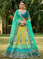 Green and Blue Woven with Embroidery Silk Bridal Lehenga Choli