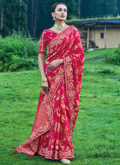 Dark Red Multi Embroidery Silk Saree