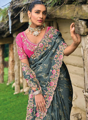 Dark Grey and Rani Multi Embroidery Silk Saree